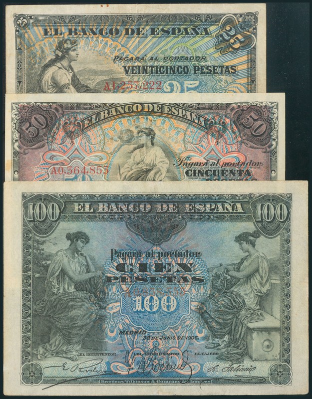 Conjunto de 3 billetes de 25 Pesetas, 50 Pesetas y 100 Pesetas de la emisión de ...