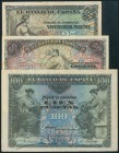 Conjunto de 3 billetes de 25 Pesetas, 50 Pesetas y 100 Pesetas de la emisión de 1906, todos ellos con la serie A. (Edifil 2017: 313/15a). MBC.