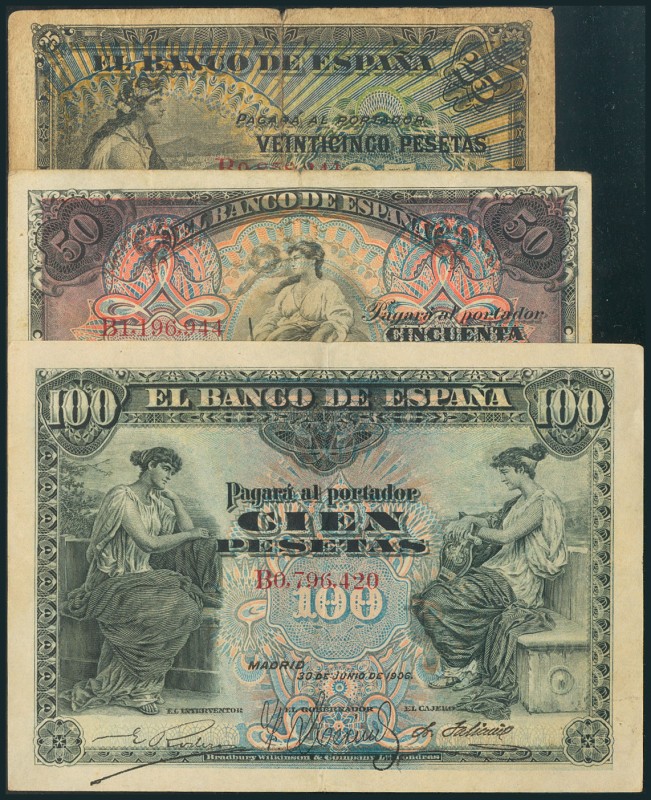 25, 50 y 100 Pesetas emitidos el 24 de Septiembre de 1906 y 30 de Junio de 1906,...