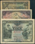 25, 50 y 100 Pesetas emitidos el 24 de Septiembre de 1906 y 30 de Junio de 1906, todos ellos de la serie B. (Edifil 2017: 313a, 314a y 315a). MBC-/BC.