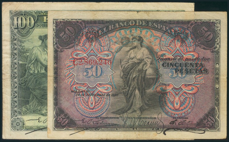 Conjunto de dos billetes de la emisión de 1906 de 50 Pesetas y 100 Pesetas con l...