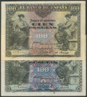 Conjunto de 2 billetes de 100 Pesetas emitidos el 30 de Junio de 1906, sin serie y serie D (Edifil 2017: 313, 313a). MBC.