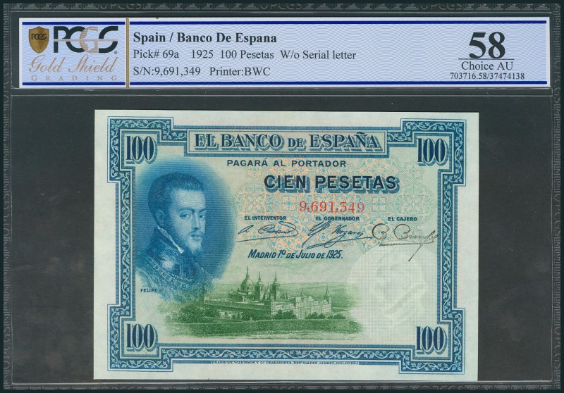 100 Pesetas. 1 de Junio de 1925. Sin serie. (Edifil 2017: 323). Encapsulado PCGS...