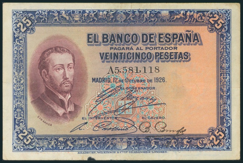 25 Pesetas. 12 de Octubre de 1926. Serie A. (Edifil 2017: 325a). Falta en el mar...