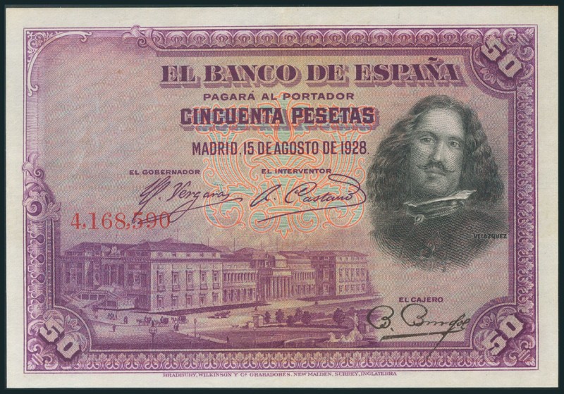 50 Pesetas. 15 de Agosto de 1928. Sin serie. (Edifil 2017: 329). EBC.