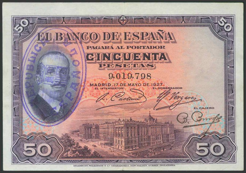 50 Pesetas. 17 de Mayo de 1927. Sello de caucho REPUBLICA / ESPAÑOLA. (Edifil 20...