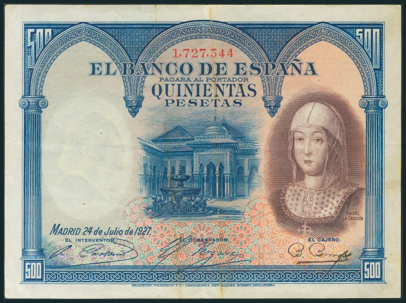 500 Pesetas. 24 de Julio de 1927. Sin serie. (Edifil 2017: 352). MBC-.