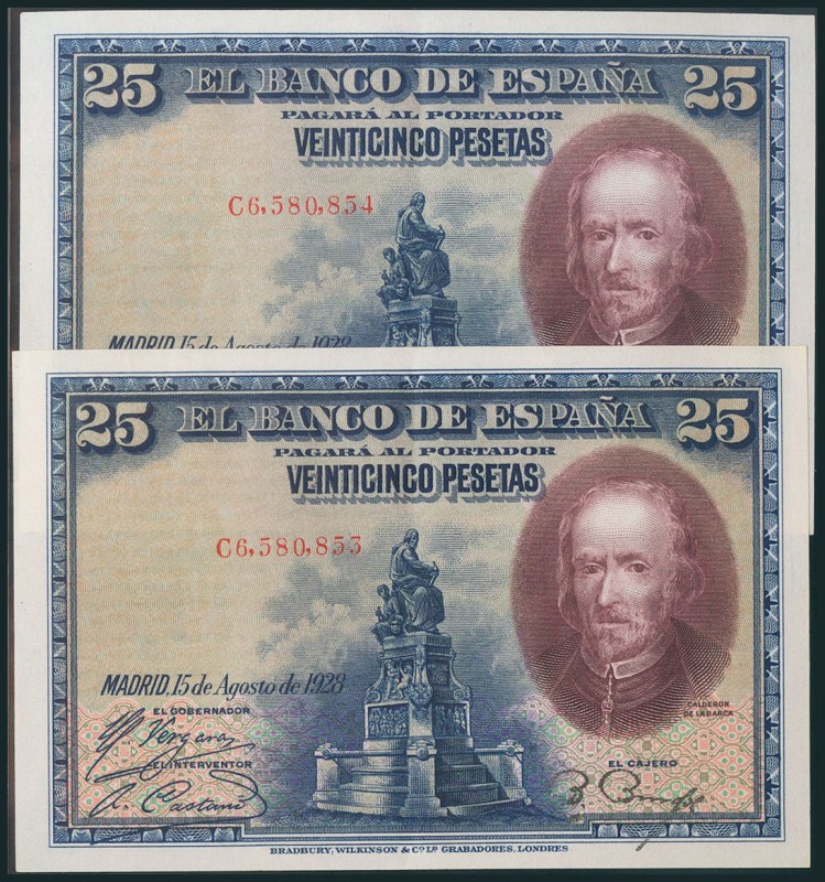 25 Pesetas. 15 de Agosto de 1928. Pareja correlativa. Serie C. (Edifil 2017: 353...