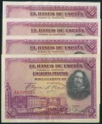 Conjunto de 4 billetes de 50 Pesetas de la emisión del 15 de Agosto de 1928 con las series A, C, D y E (sólamente a falta de la serie B) Edifil 2017: ...