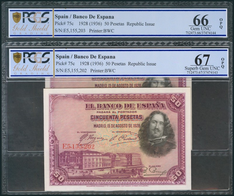 50 Pesetas. 15 de Agosto de 1928. Pareja correlativa. Serie E, última serie emit...