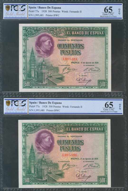 500 Pesetas. 15 de Agosto de 1928. Pareja correlativa. Sin serie. (Edifil 2017: ...