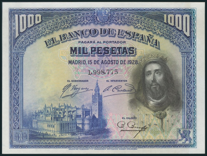 1000 Pesetas. 15 de Agosto de 1928. Sin serie. (Edifil 2017: 357). Apresto origi...