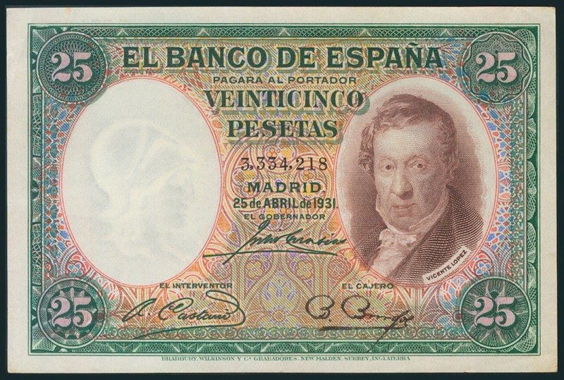25 Pesetas. 25 de Abril de 1931. Sin serie. (Edifil 2017: 358). Conserva algo de...