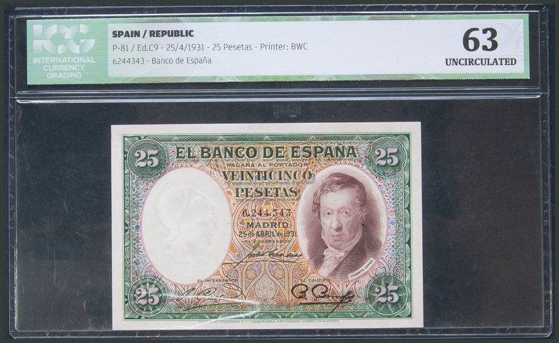 25 Pesetas. 25 de Abril de 1931. Sin serie. (Edifil 2017: 358). SC. Encapsulado ...