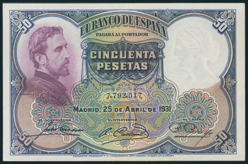 50 Pesetas. 25 de Abril de 1931. Sin serie. (Edifil 2017: 359). Apresto original...