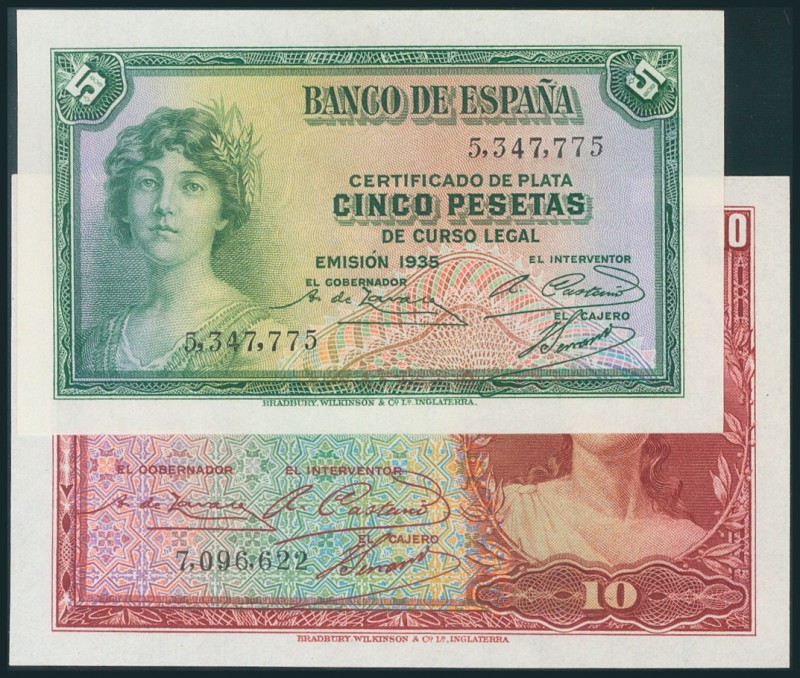 Conjunto de 2 billetes de 5 Pesetas y 10 Pesetas, emitidos en 1935 ambos sin ser...