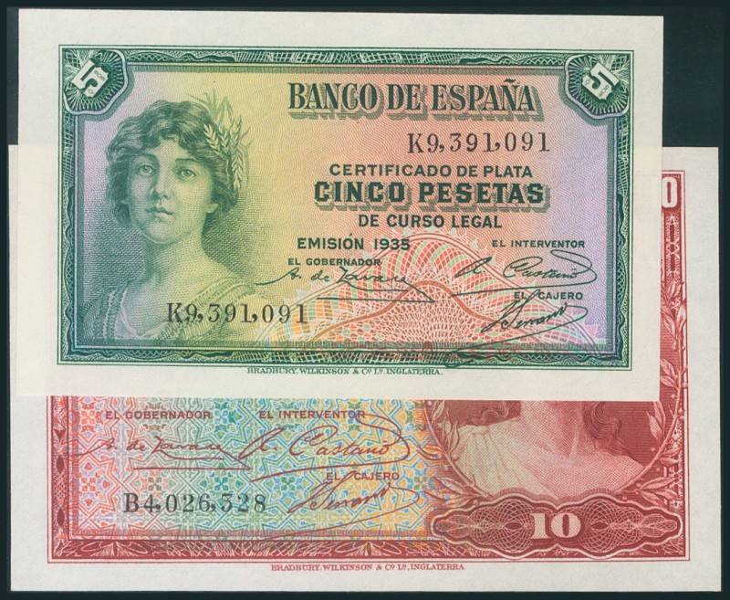 Conjunto de 2 billetes de 5 Pesetas y 10 Pesetas, emitidos en 1935 con las serie...
