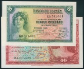 Conjunto de 2 billetes de 5 Pesetas y 10 Pesetas, emitidos en 1935 con las series K y B, respectivamente (Edifil 2017: 363b, 364a). Apresto original. ...