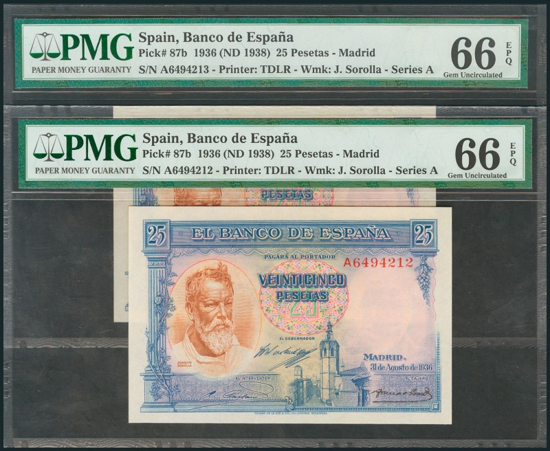 25 Pesetas. 31 de Agosto de 1936. Serie A. Pareja correlativa. (Edifil 2017: 367...