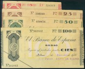 Serie completa de 4 billetes de 5 Pesetas, 25 Pesetas, 50 Pesetas y 100 Pesetas, de talones emitidos a partir del 30 de Enero de 1936 por el Banco de ...