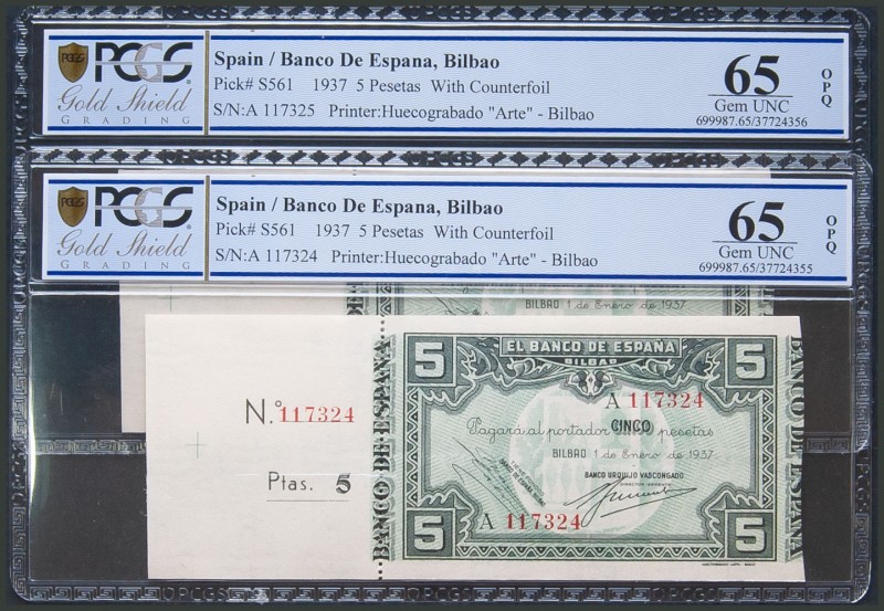 5 Pesetas. 1 de Enero de 1937. Pareja correlativa. Antefirma Banco Urquijo Vasco...