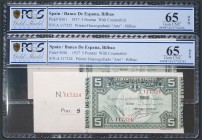 5 Pesetas. 1 de Enero de 1937. Pareja correlativa. Antefirma Banco Urquijo Vascongado y con matriz a izquierda. Sin serie. (Edifil 2017: 387f, Pick: s...