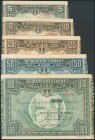 5 Pesetas, 10 Pesetas, 25 Pesetas, 50 Pesetas y 100 Pesetas. 1 de Enero de 1937. Sin serie. (Edifil 2017: 385a, 387b, 388f, 389f y 390a). MBC.