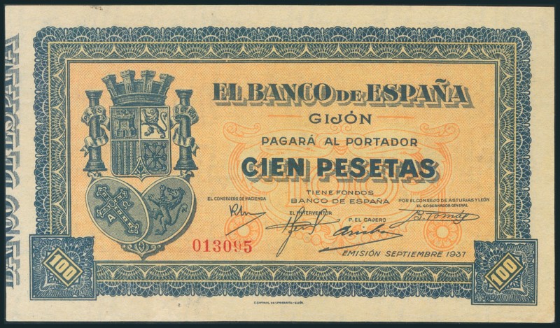 100 Pesetas. Septiembre 1937. Sin serie. (Edifil 2017: 399). Puntitos de grapa e...