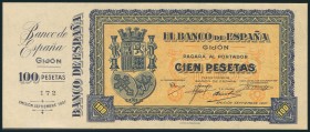 100 Pesetas. Septiembre de 1937. Sin serie y con matriz a la izquierda. (Edifil 2017: 399a). Apresto original. EBC+.
