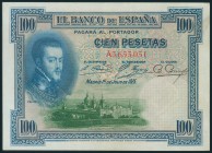100 Pesetas. 1 de Julio de 1925. Sello en seco del Estado Español. Serie A. (Edifil 2017: 410). EBC.
