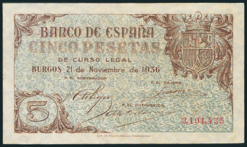 5 Pesetas. 21 de Noviembre de 1936. Sin serie. (Edifil 2017: 417). Inusual. EBC-...