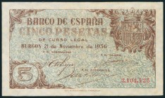 5 Pesetas. 21 de Noviembre de 1936. Sin serie. (Edifil 2017: 417). Inusual. EBC-.