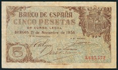 5 Pesetas. 21 de Noviembre de 1936. Sin serie. (Edifil 2017: 417). MBC-.