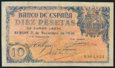 10 Pesetas. 21 de Noviembre de 1936. Sin serie. (Edifil 2017: 418). Hábilmente reparado. MBC.