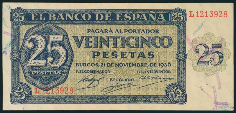 25 Pesetas. 21 de Noviembre de 1936. Serie L. (Edifil 2017: 419a). Apresto origi...