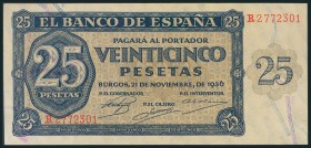 25 Pesetas. 21 de Noviembre de 1936. Serie R. (Edifil 2017: 419a). Apresto original. SC-.