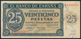 25 Pesetas. 21 de Noviembre de 1936. Serie R. (Edifil 2017: 419a). Apresto original. EBC+.