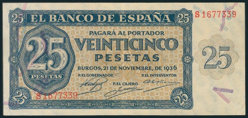 25 Pesetas. 21 de Noviembre de 1936. Serie S, última serie emitida. (Edifil 2017...