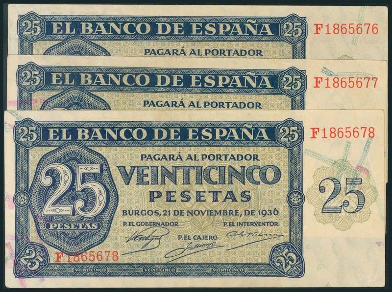 25 Pesetas. 21 de Noviembre de 1936. Trío correlativo. Serie F. (Edifil 2017: 41...