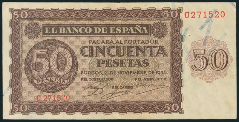 50 Pesetas. 21 de Noviembre de 1936. Serie C. (Edifil 2017: 420a). Dos puntos de...