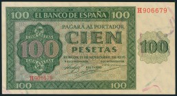 100 Pesetas. 21 de Noviembre de 1936. Serie H. (Edifil 2017: 421a). Apresto original. SC-.