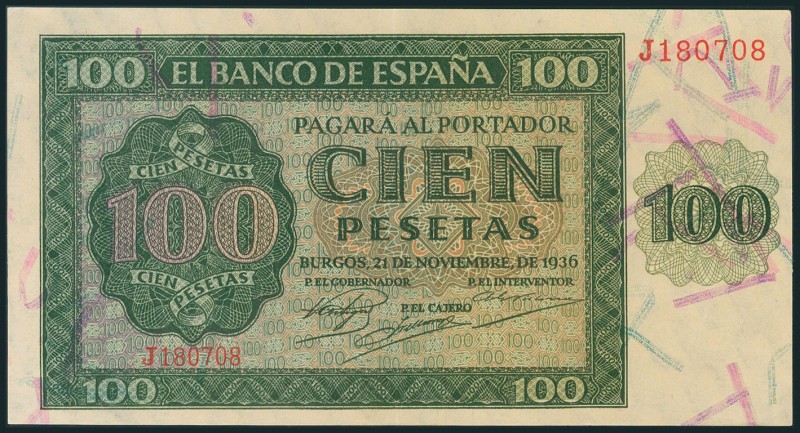 100 Pesetas. 21 de Noviembre de 1936. Serie J. (Edifil 2017: 421a). Conserva gra...