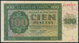 100 Pesetas. 21 de Noviembre de 1936. Serie J. (Edifil 2017: 421a). Conserva gran parte del apresto original. EBC.
