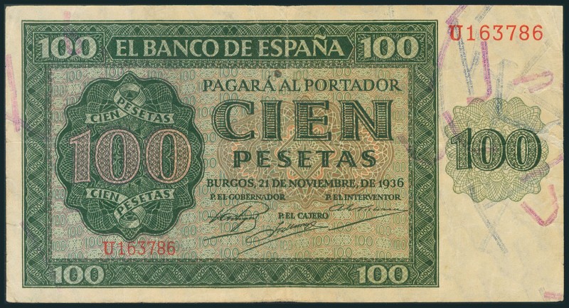 100 Pesetas. 21 de Noviembre de 1936. Serie T. (Edifil 2017: 421a). MBC.