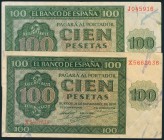 Conjunto de 2 billetes de 100 Pesetas emitido el 21 de Noviembre de 1926, con las series X y J (Edifil 2017: 421a). MBC.
