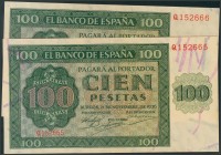 100 Pesetas. 21 de Noviembre de 1936. Banco de España, Burgos. Serie Q. Pareja correlativa. (Edifil 2017: 421a). Apresto original. EBC+.