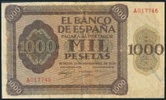 1000 Pesetas. 21 de Noviembre de 1936. Serie A. (Edifil 2017: 423). Reparado intensa y hábilmente. RC.