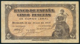5 Pesetas. 18 de Julio de 1937. Sin serie. (Edifil 2017: 424). MBC.