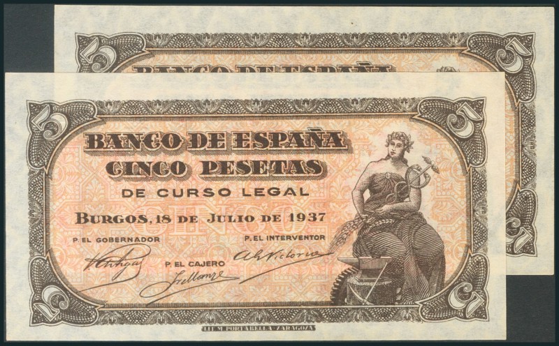 5 Pesetas. 18 de Julio de 1937. Pareja correlativa. Serie A. (Edifil 2017: 424a)...