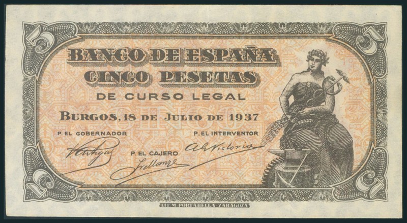 5 Pesetas. 18 de Julio de 1937. Serie B. (Edifil 2017: 424a). Apresto original. ...